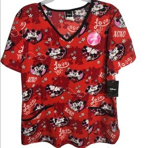 Disney Mickey Mouse Minnie Mouse Valentine Heart Scrub Top NWT Valentine's Day